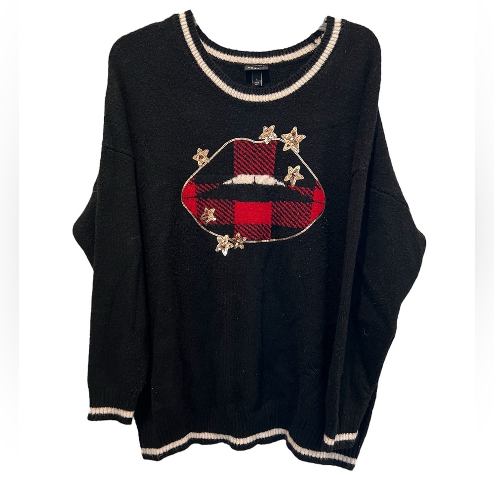 Torrid Black Sweater Buffalo Plaid Lips Gold Sequin Stars Soft Cozy Size 1 (1X)
